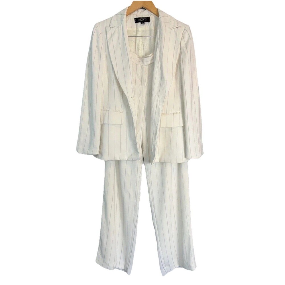 Kasper Pinstripe Pant Suit 2 pc Sz 10P Ivory Career Minimalist Polished Corpcore